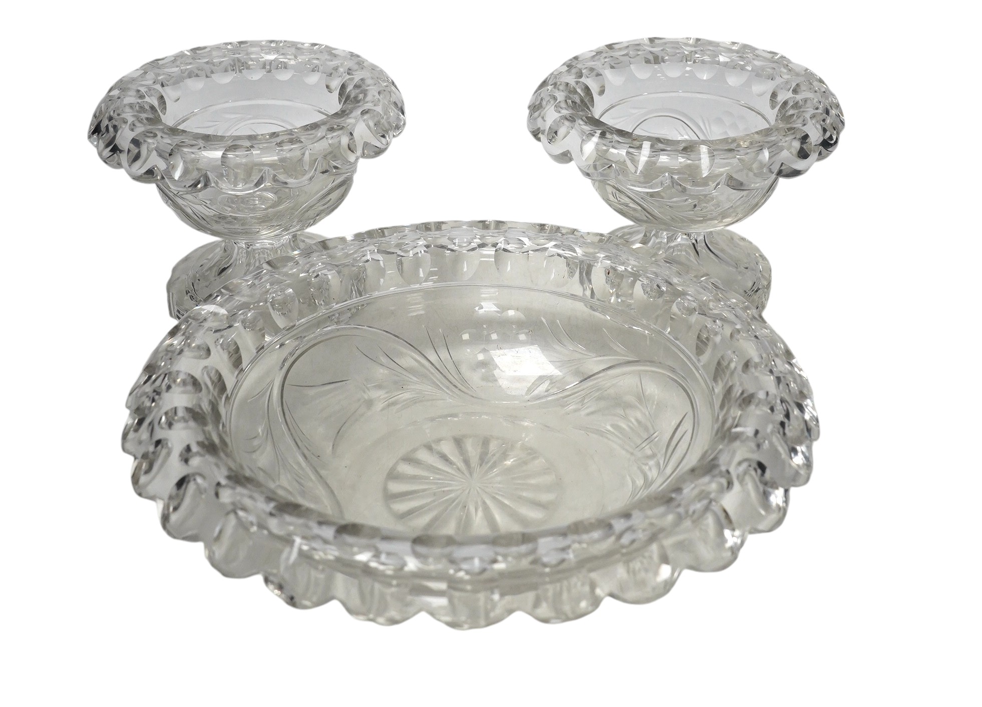 Three Victorian heavy cut glass bowls, largest 28cm. Condition - fair to good